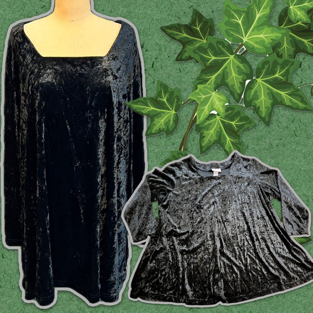 VINTAGE crushed velvet swing tunic top square neckline long sleeve dressy 80s